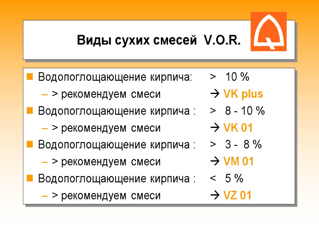 Виды сухих смесей V.O.R. Водопоглощающение кирпича: > 10 % > рекомендуем смеси  VK